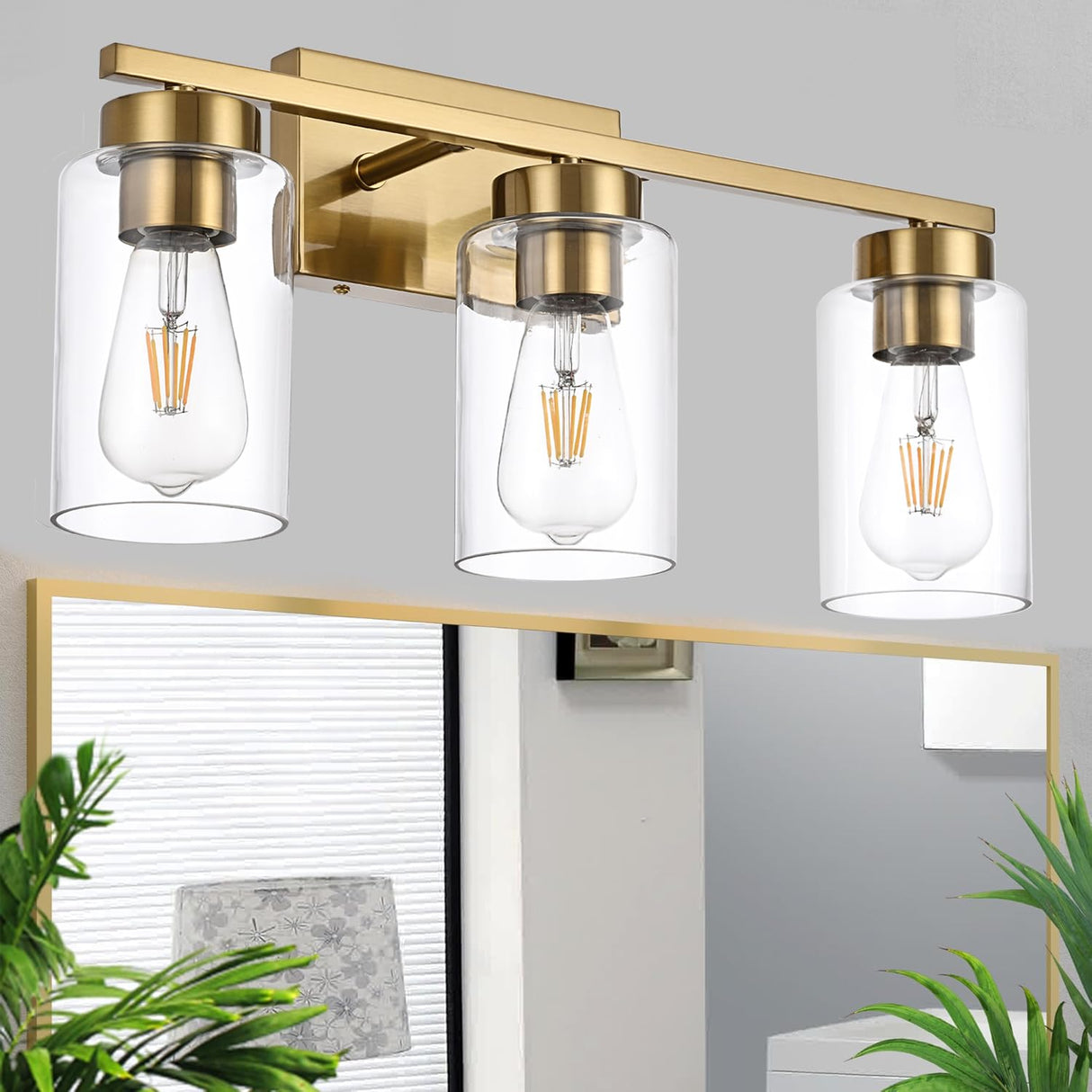 3-Light Bathroom Vanity Light, Modern Brushed Gold Wall Lights with Clear Glass Shades