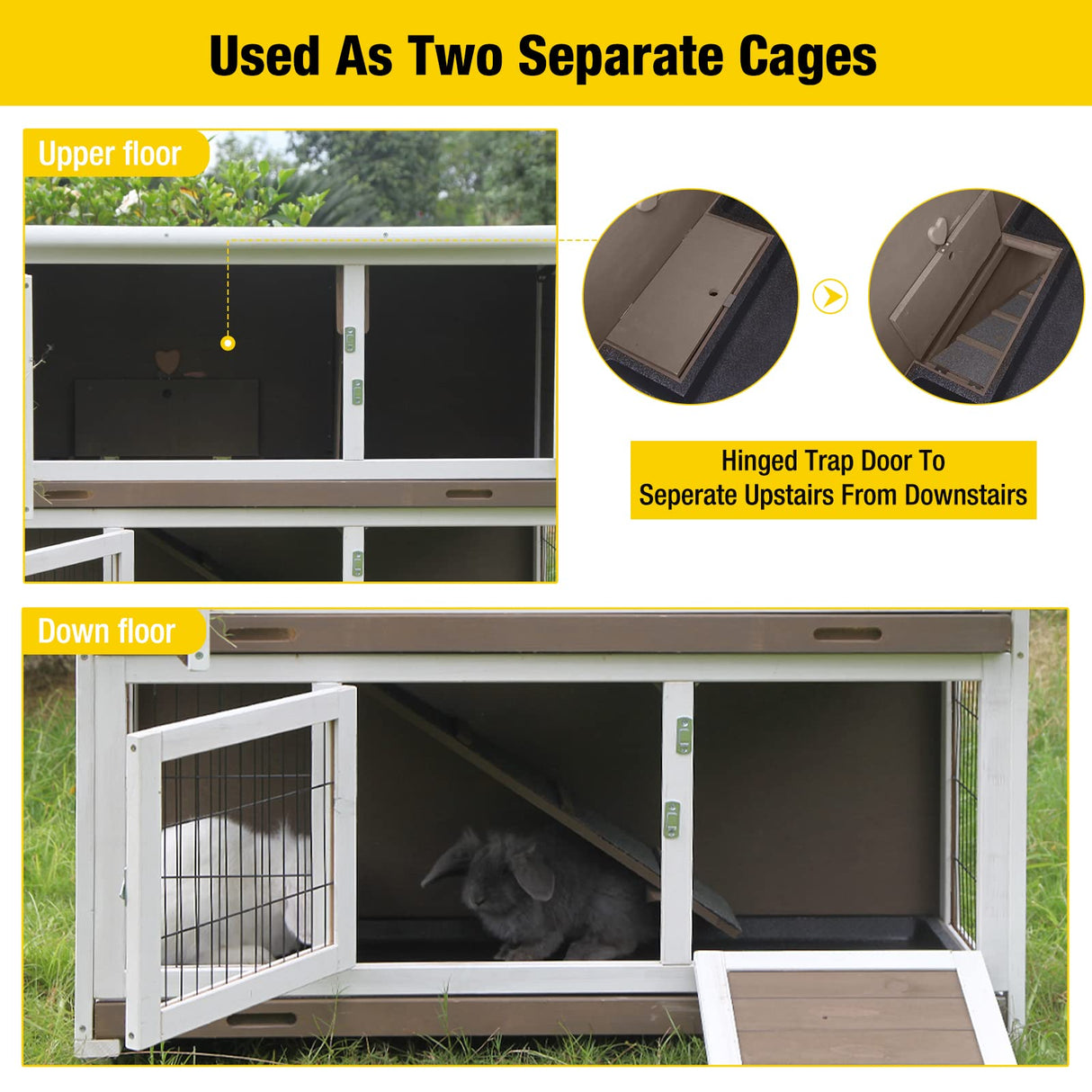 Rabbit Hutch Indoor and Outdoor 2- Story Bunny cage on Wheels - Deep No Leakage Pull