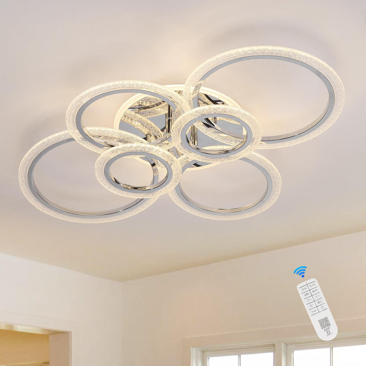 6-Rings LED Modern Ceiling Light Dimmable with Remote for Living Room, 31.5’’