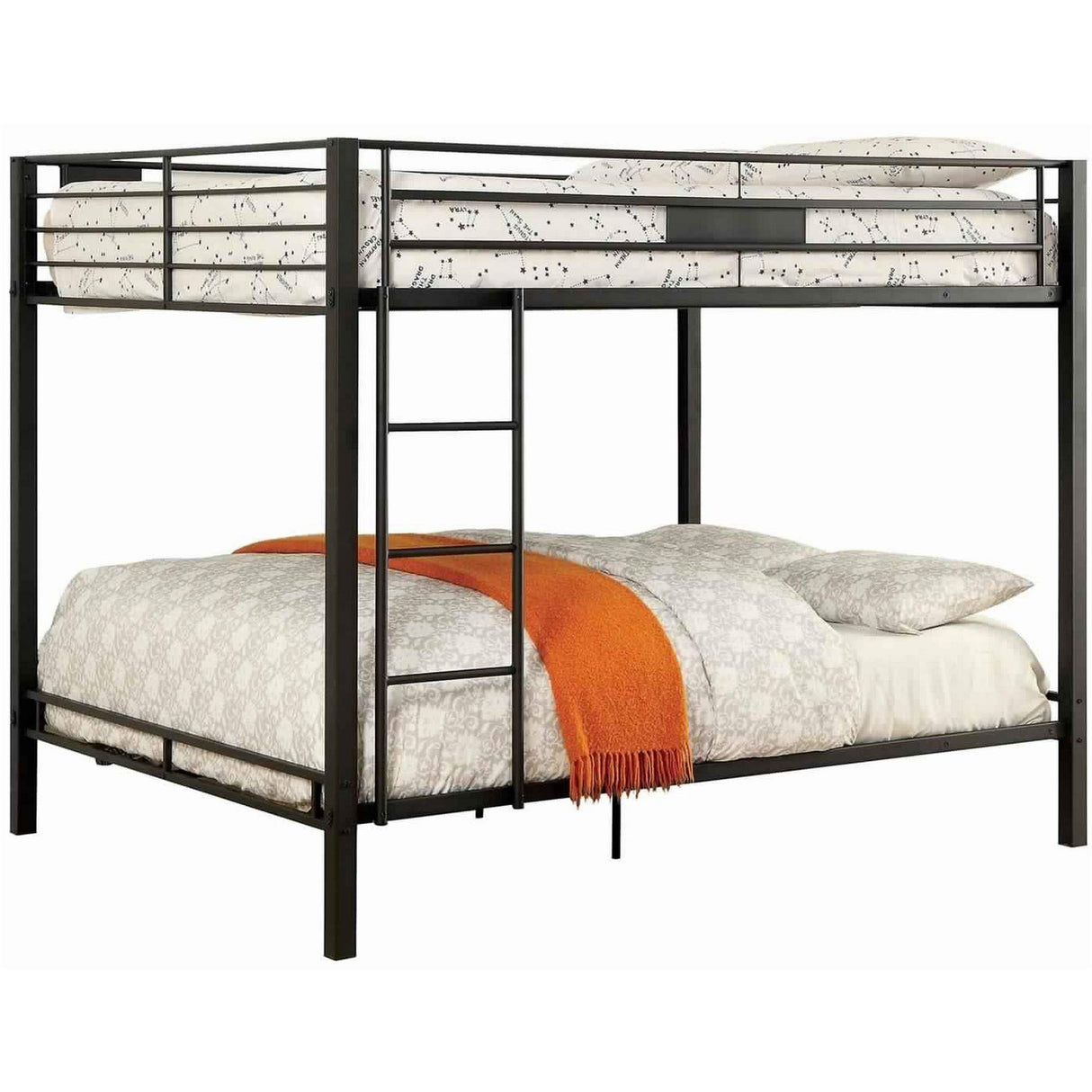 Horizontal Slatted Metal Queen Bunk Bed with Ladder, Black