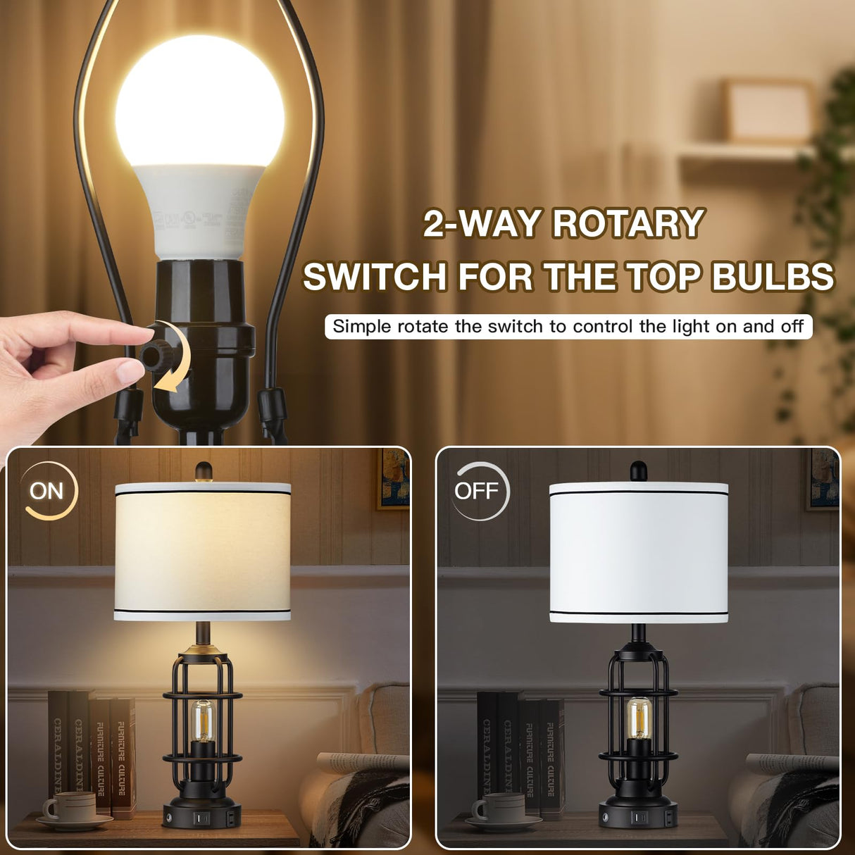 Modern Table Lamps, Industrial 3-Way Dimmable Bedside Lamp