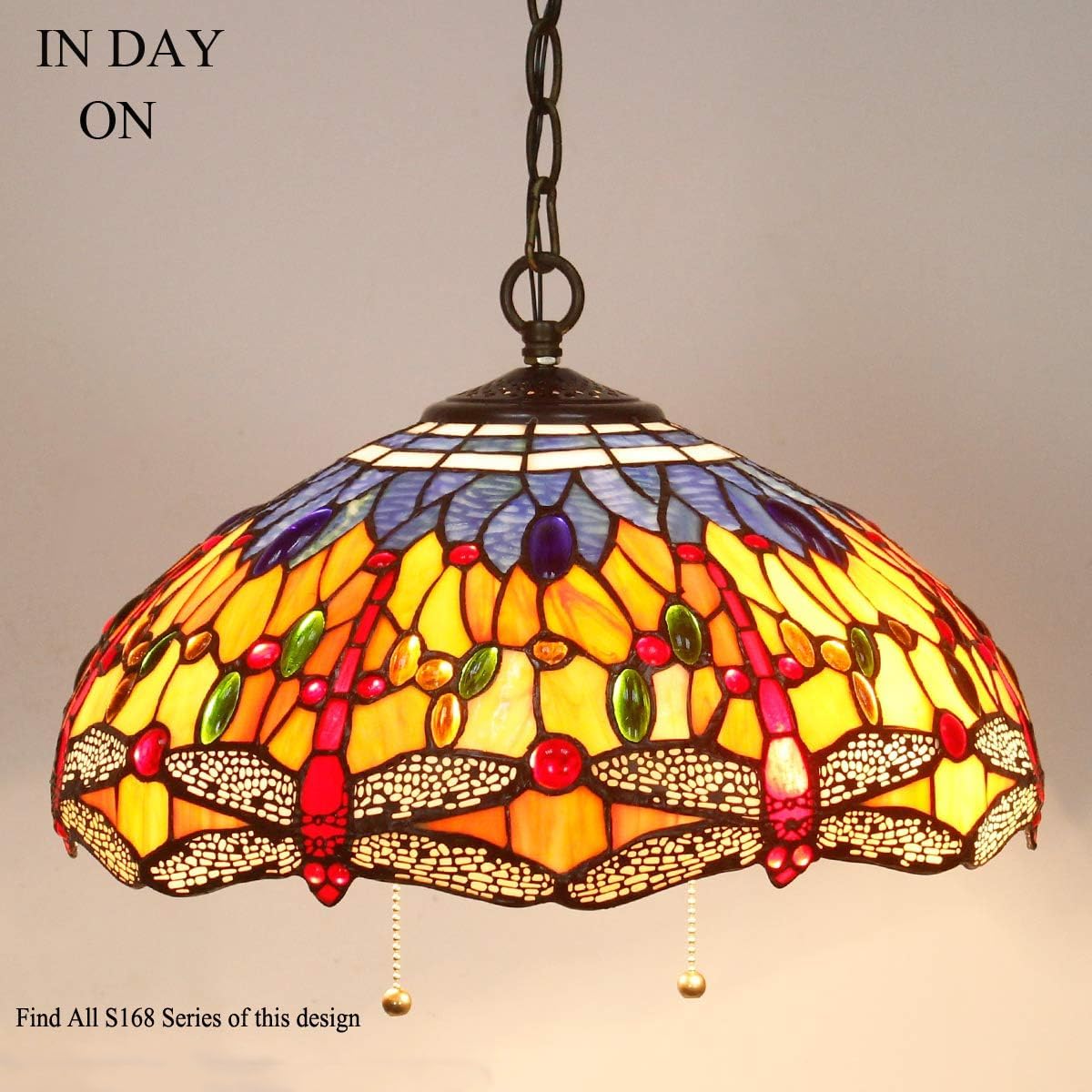 Tiffany Style Dragonfly Pendant Light - 16 Inch Stained Glass Hanging Lamp