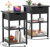 Nightstand Set of 2 with Charging Station, 25.2" Tall Bed Side Table with Wood Drawer,