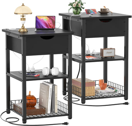 Nightstand Set of 2 with Charging Station, 25.2" Tall Bed Side Table with Wood Drawer,