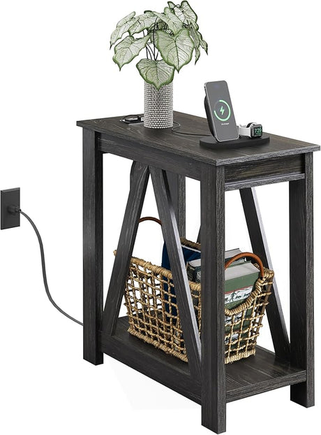 Farmhouse End Table, Narrow Side Table with Charging Station, Slim End Table