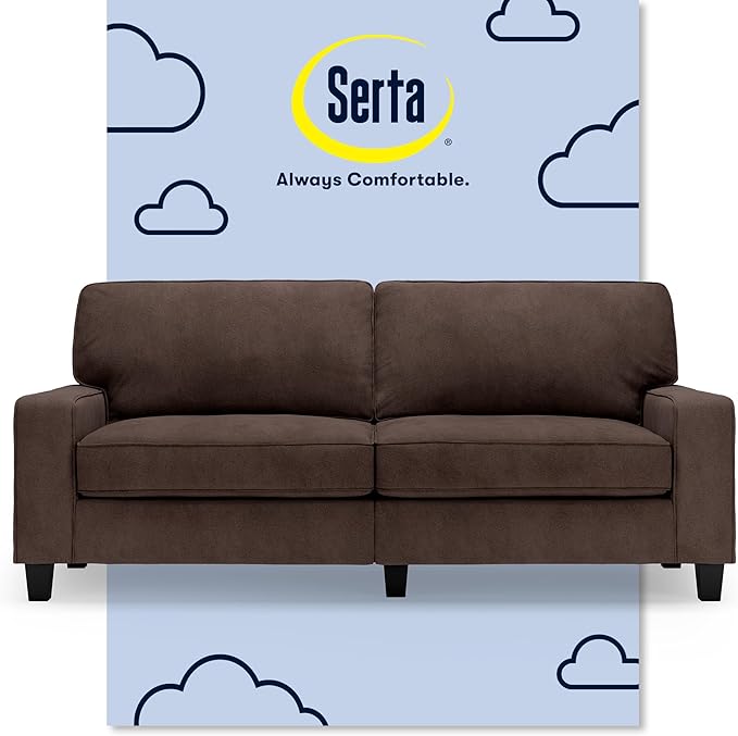 Serta Palisades 61" Track Arm Sofa, Easy Care Polyester, Soft Pillow Back, Pocket Coil Seat Cushions, Removable Covers, Loveseat or Couch for Small Spaces, Living Rooms or Bedrooms, Dark Brown