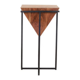 26-Inch Pyramid Shape Wooden Side Table with Cross Metal Base, Brown and Black