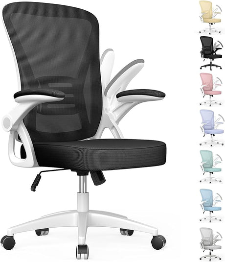 naspaluro Ergonomic Office Chair, Mid Back Desk Chair with Adjustable Height, Swivel Chair with Flip-Up Arms and Lumbar Support, Breathable Mesh Computer Chair for Home/Study/Working, Dark Black