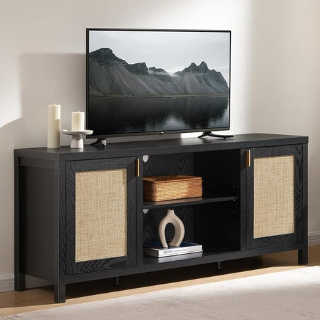 Rattan TV Stand for Living Room - 26" Tall Wood TV Console Cabinet