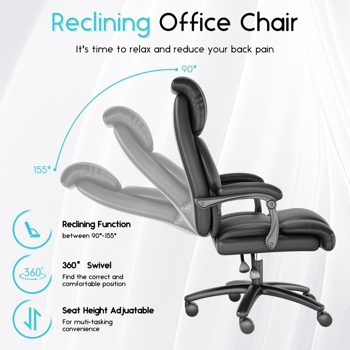 Reclining Office Chair, High Back Executive Office Chair 400lbs, Leather Home Office Desk