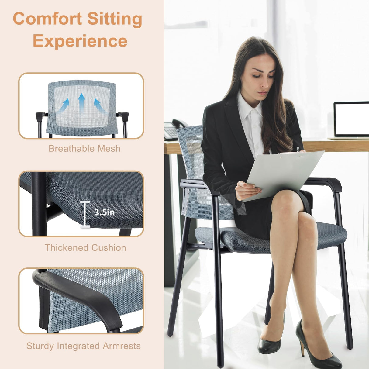 Office Reception Guest Chair Mesh Back Stacking with Ergonomic Lumbar Support