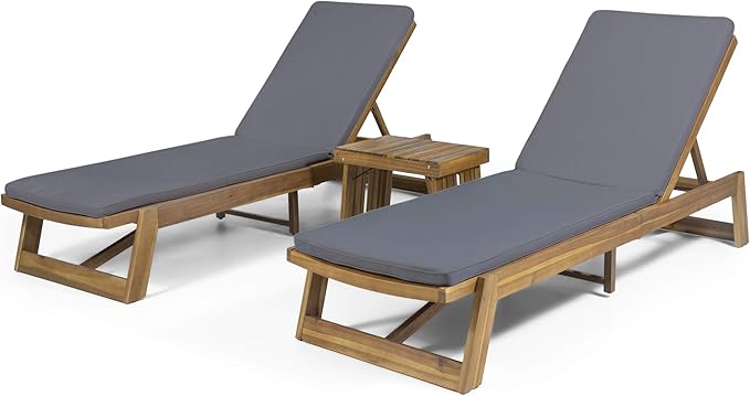 Eugene Outdoor Acacia Wood 3 Piece Chaise Lounge Set, Teak Finish, Yellow, Cream