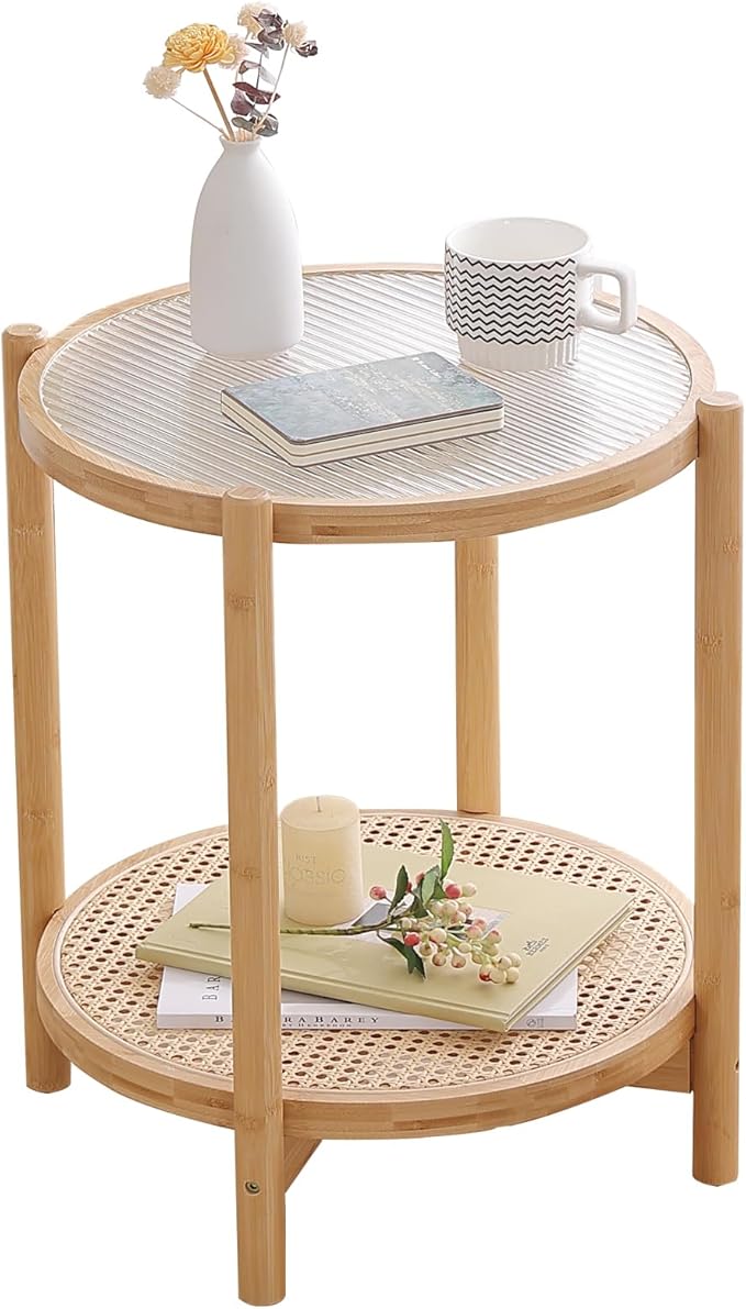 Rattan Nightstand Side Table, Bamboo Accent Bedside Tables, Glass Coffee Tables