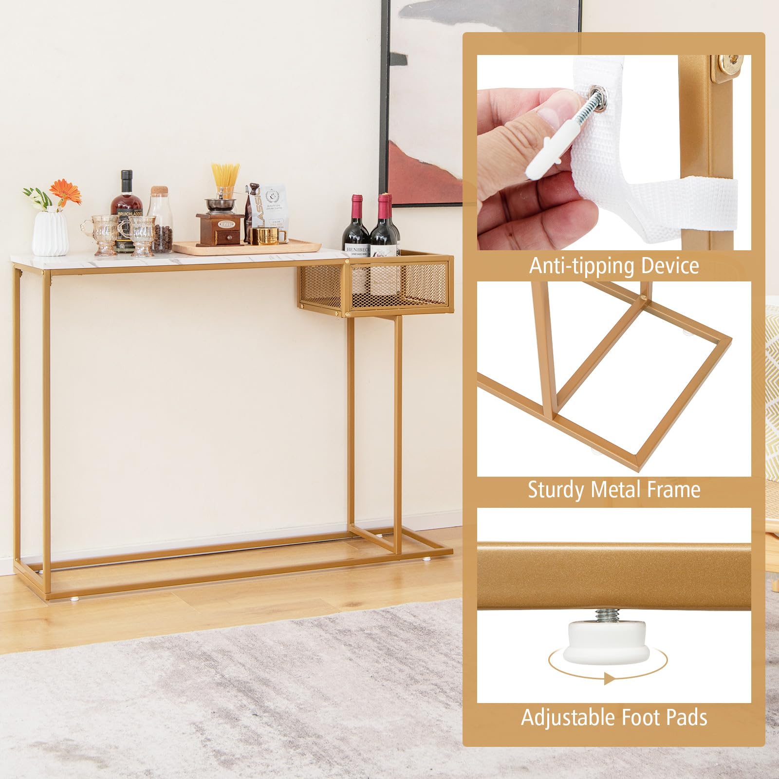 Console Table with Storage - Gold Sofa Table with Storage Basket, Sturdy Metal Frame,