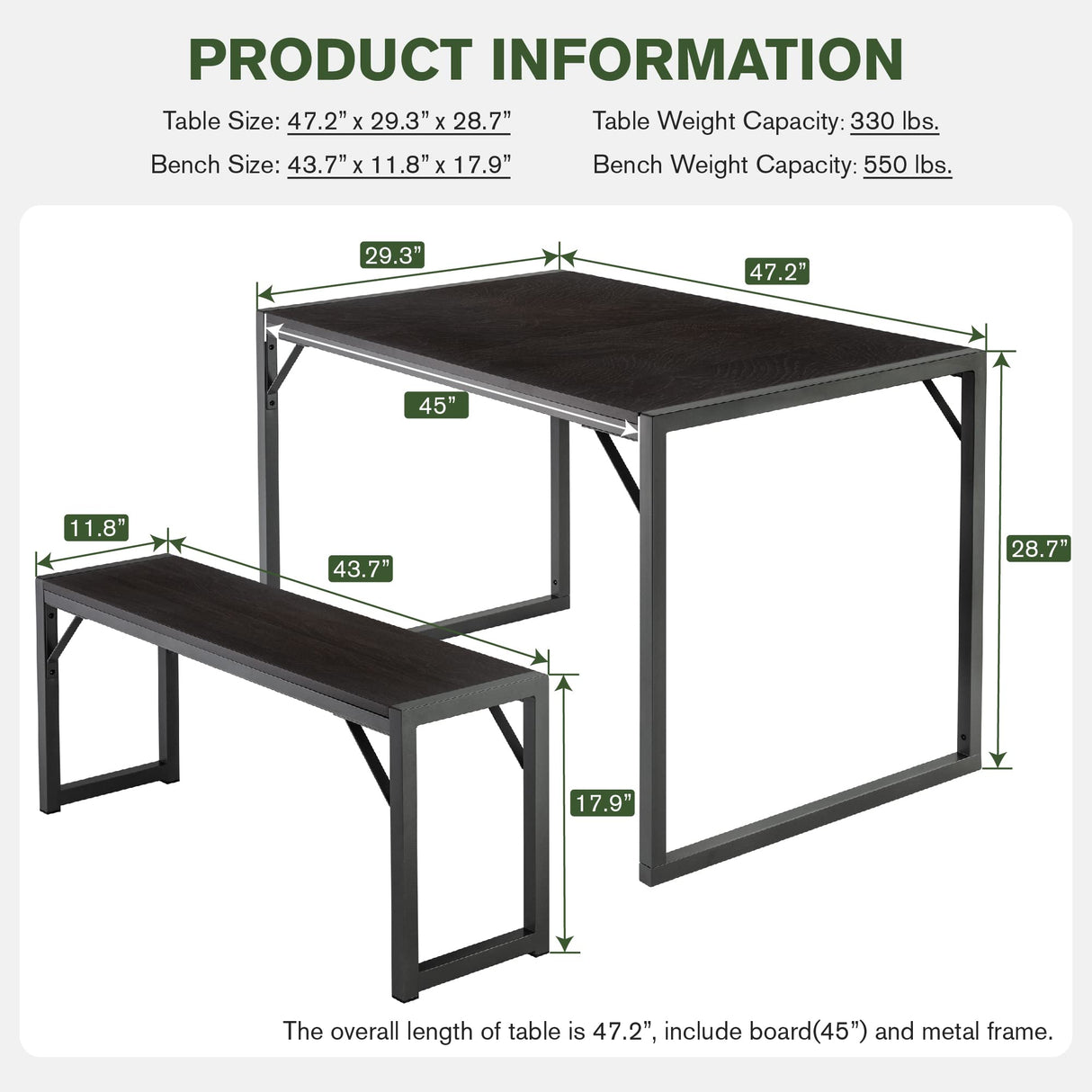 3-Piece Dining Table Set for 4-6, Heavy Duty Kitchen with Metal Frame and Wood Board