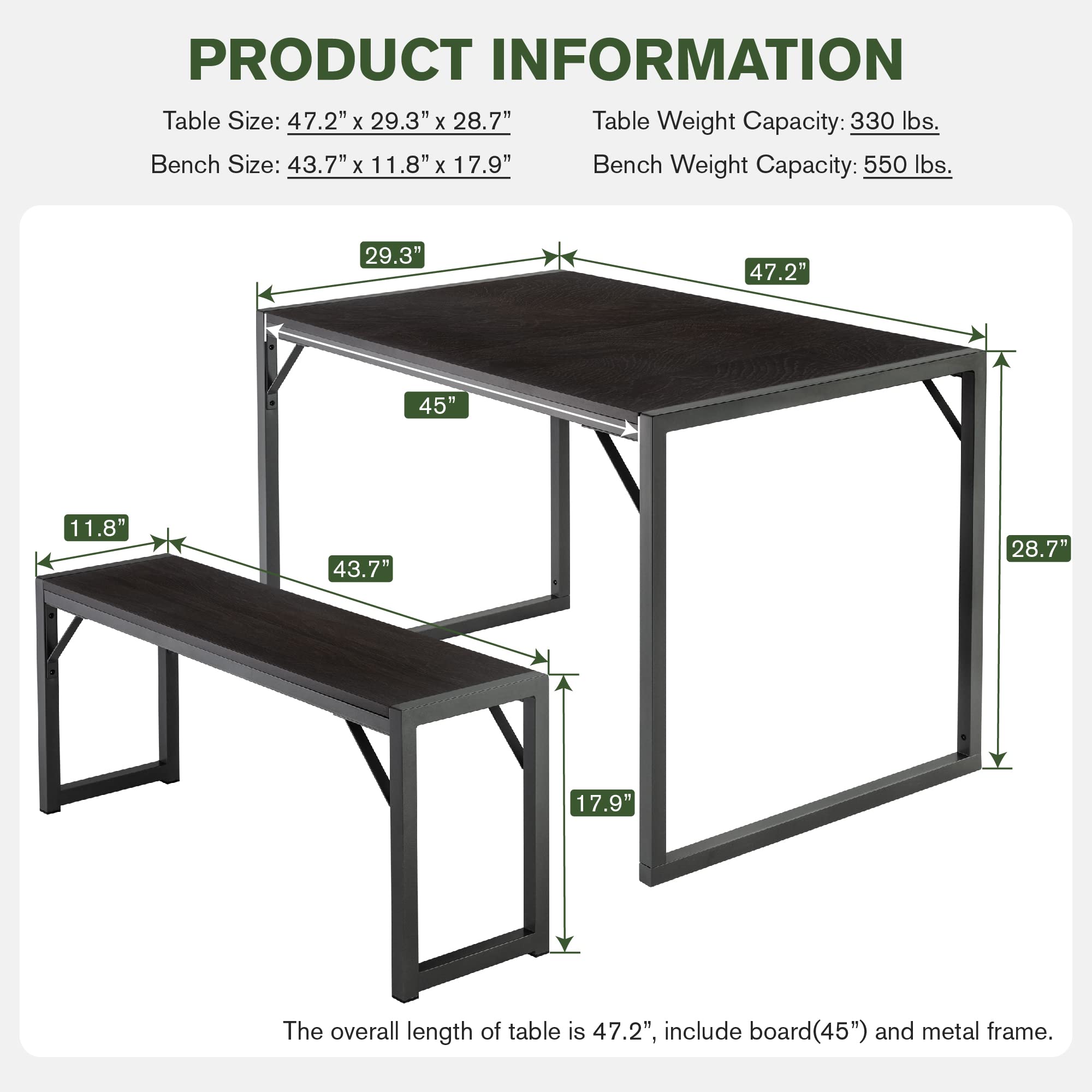 3-Piece Dining Table Set for 4-6, Heavy Duty Kitchen with Metal Frame and Wood Board