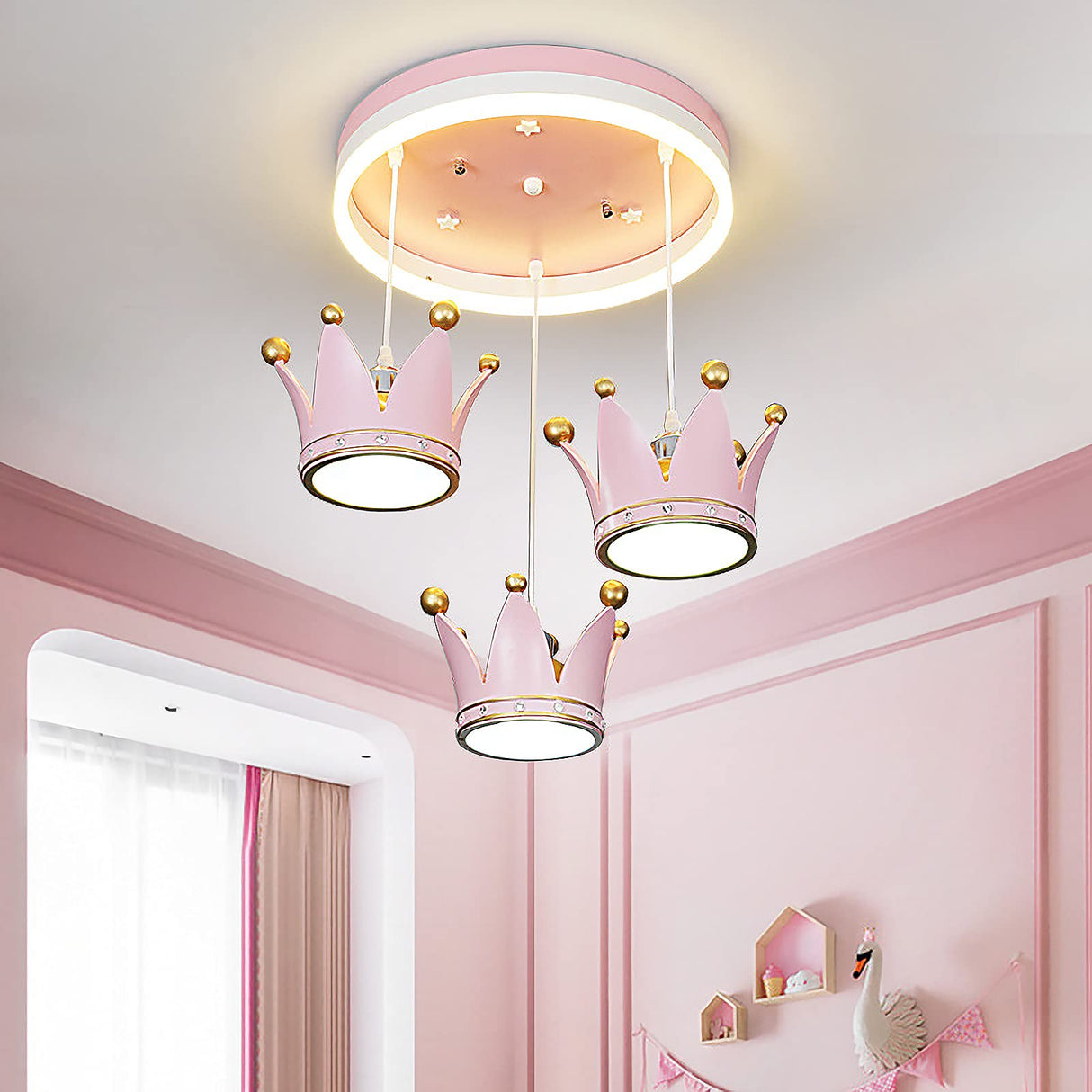 Pink Crown Chandelier for Kids Room - Modern Princess Pendant Light