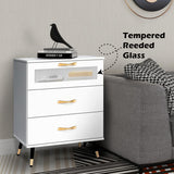 White Nightstand Set of 2 Wood 3 Drawer Bedside Table with Glass Door