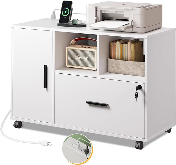File Cabinet with Charging Station, 1 Drawer Rolling File Cabinet