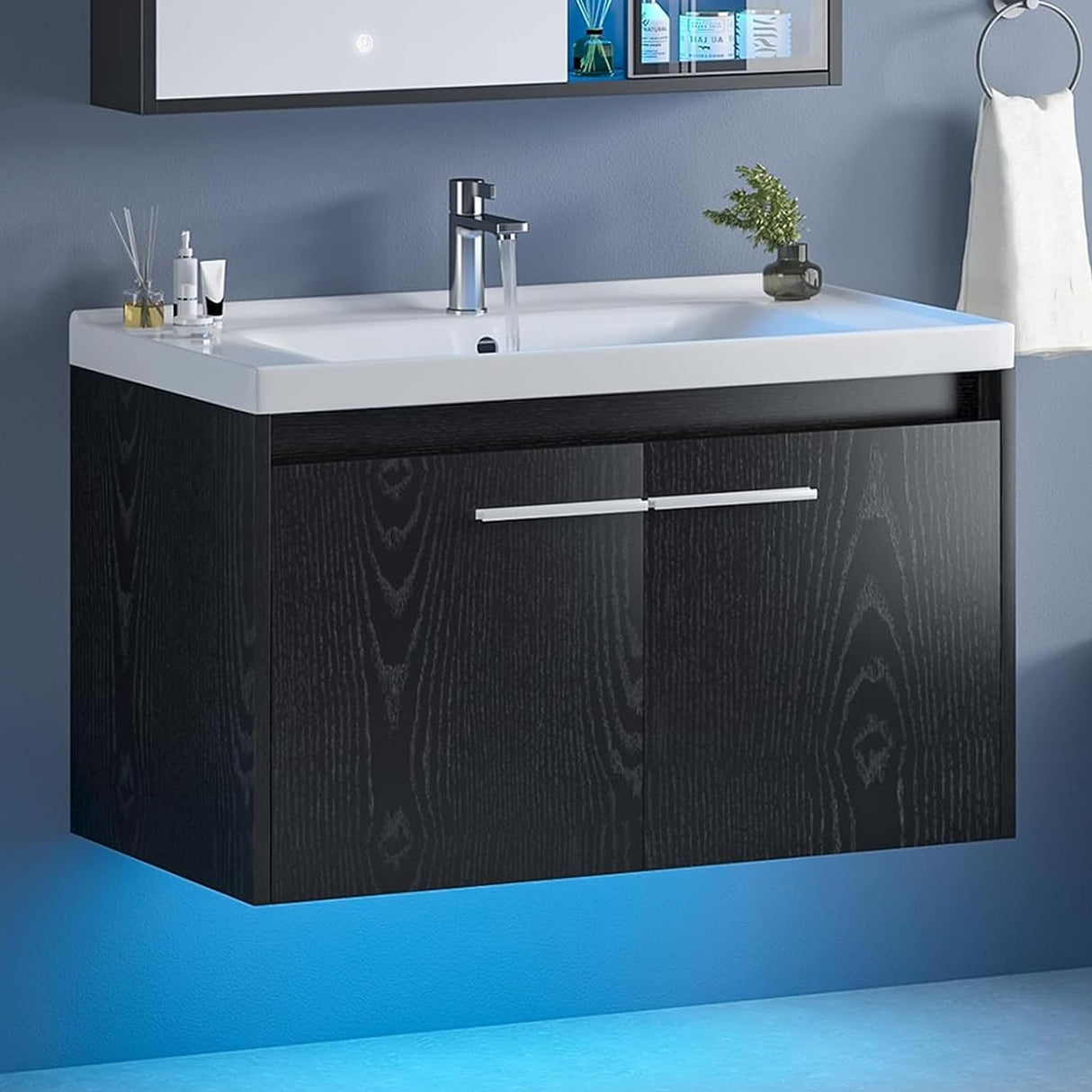 31" Black Bathroom Vanity with Sink, Floating Bathroom Sink Cabinet with LED Light