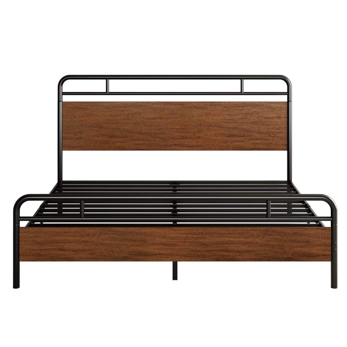 Wooden Headboard and Footboard, Rounded Corner Metal Structure, Heavy Duty Slats