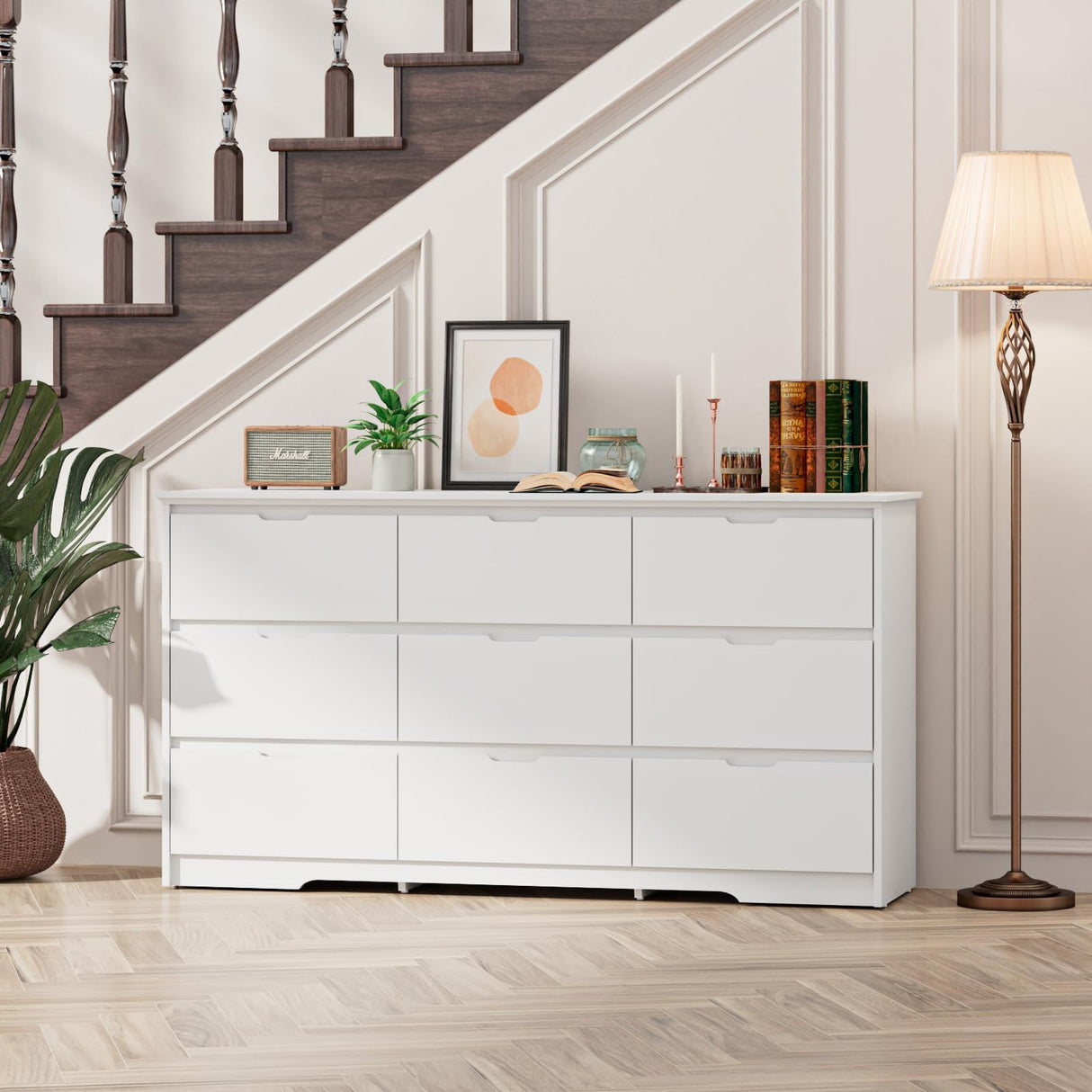 9 Drawer White Dresser for Bedroom with Deep Drawers, Large Dressers & Chest of Drawers Handle Free, Modern Long Dressers for Closet Bedroom, Living Room (59.25" W x 15.9" D x 31.9" H)