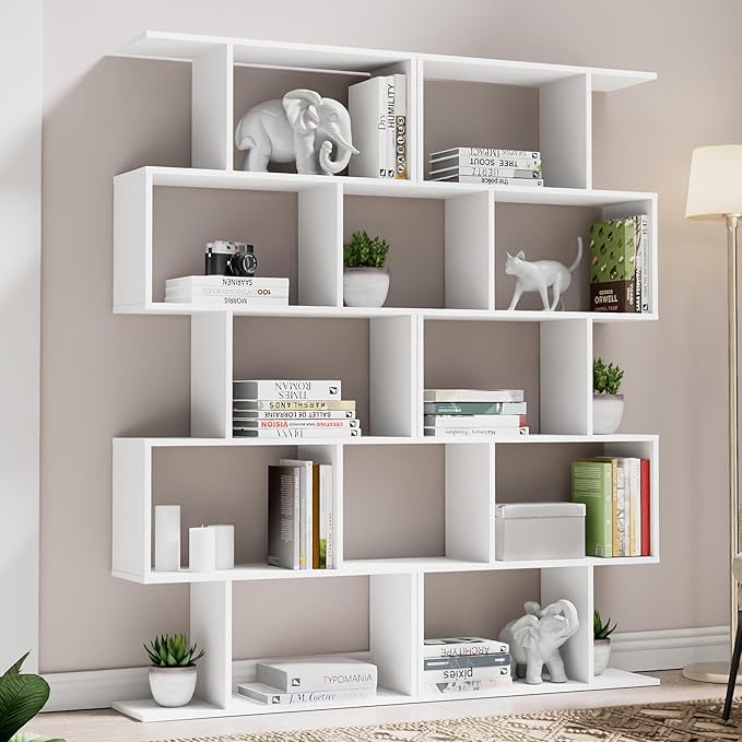 Castle Set of 2 Geometric Bookcase, S-Shaped Modern Bookshelf, Room Divider Bookshelf, 62" Tall Unique Abstract Bookcase with 5-Tier Display Shelf for Living Room Office, Black