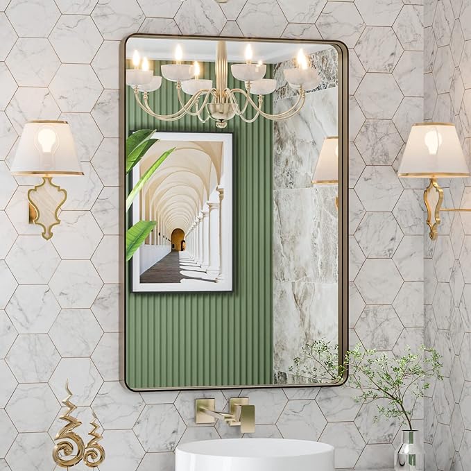 Bathroom Mirror, Rounded Rectangle Silver Metal Frame Mirror