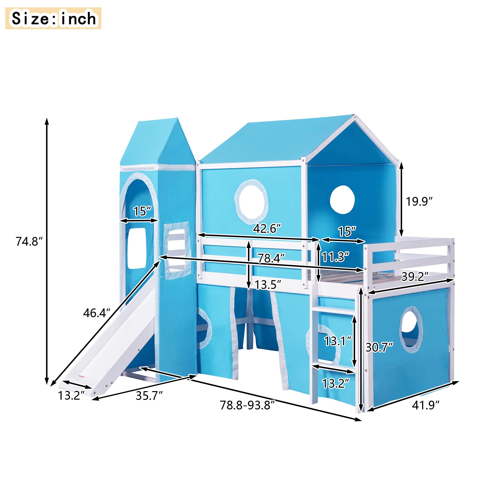 Twin Size Low Loft Bed with Slide & Curtains and Tower, Solid Wood Loft Bed Frame with Tent, Twin Over