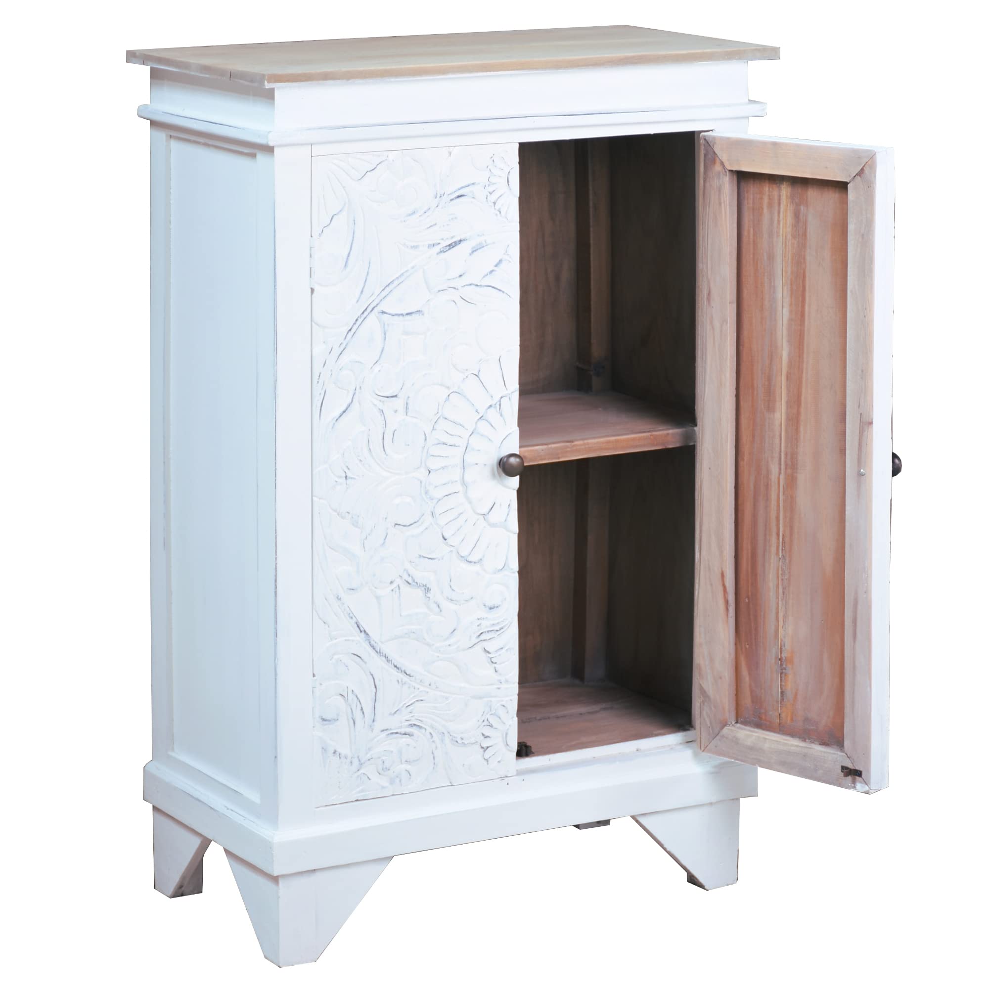 Solid Wood Carved Accent Distressed White