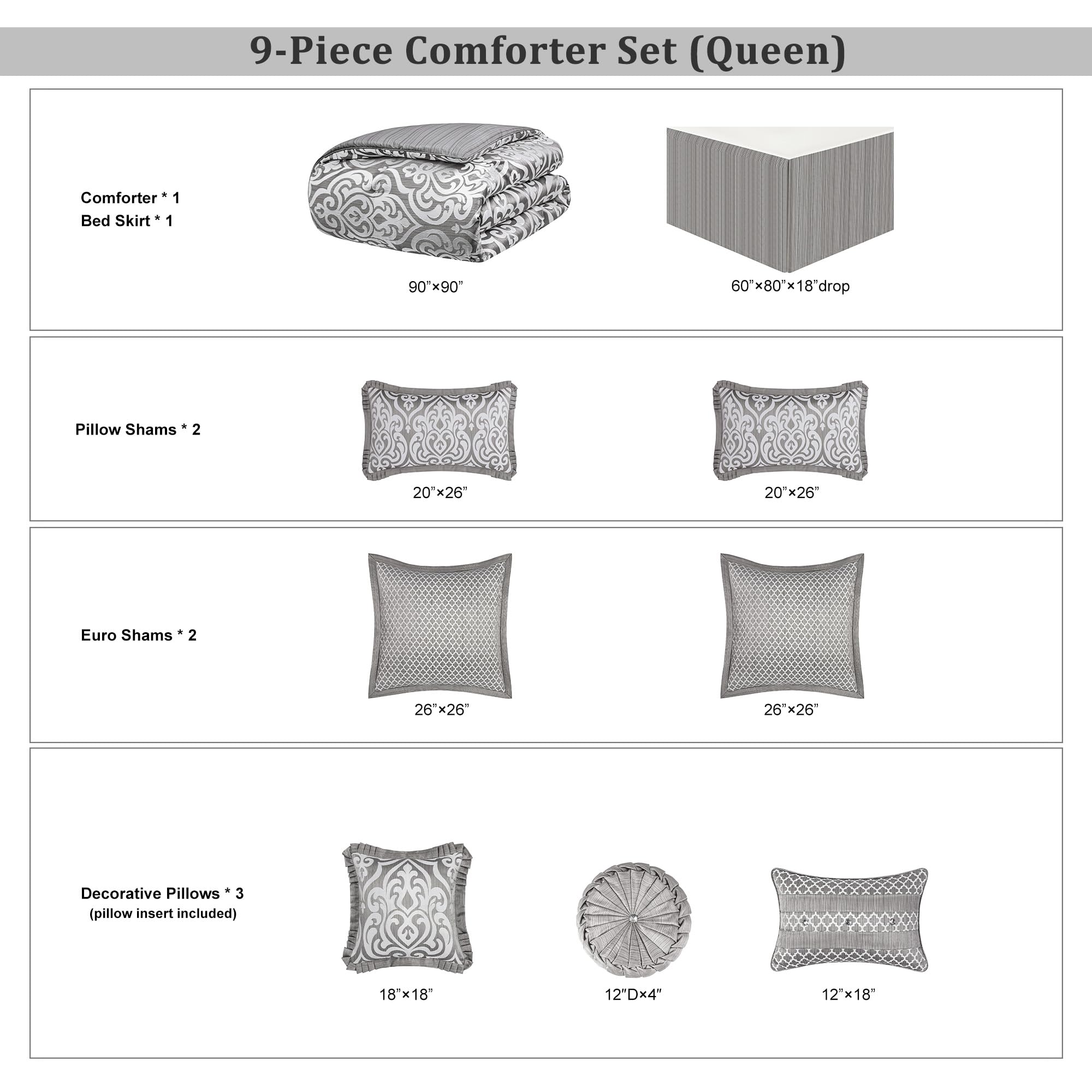 9-Piece Jacquard Damask Comforter Set - Queen Size Silver Gray