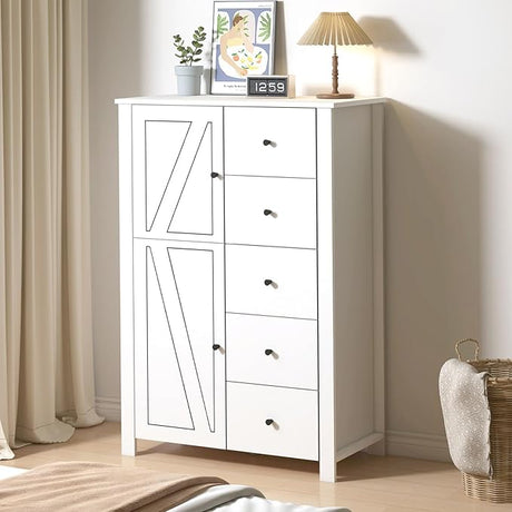 Farmhouse Storage Cabinet with 5 Drawers, Floor Cabinet with Doors,Freestanding