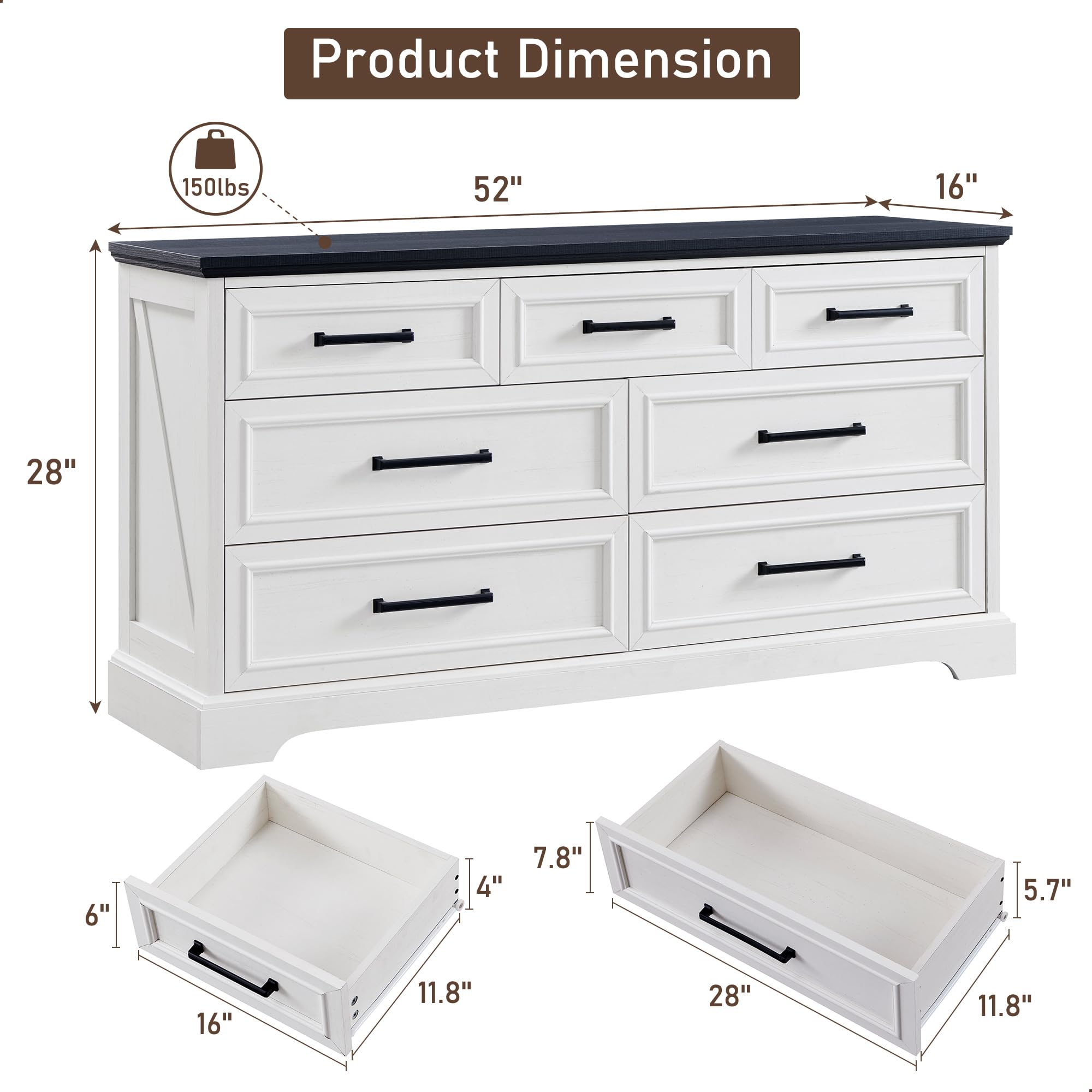 7 Drawer Dresser, 52" Farmhouse Chest of Drawers for Bedroom, Wide Dresser