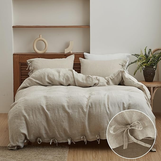 Natural French Washed Flax Solid Color Soft Breathable Farmhouse Bedding