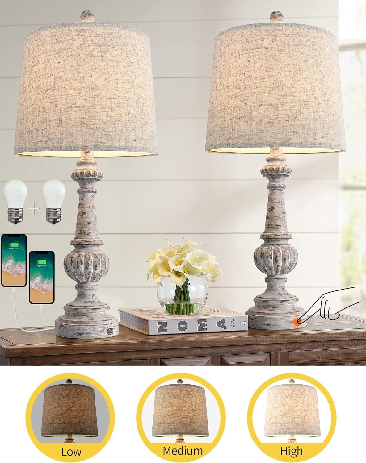 25.75" Traditional 3-Way Dimmable Table Lamp Set of 2 for Living Room Bedside