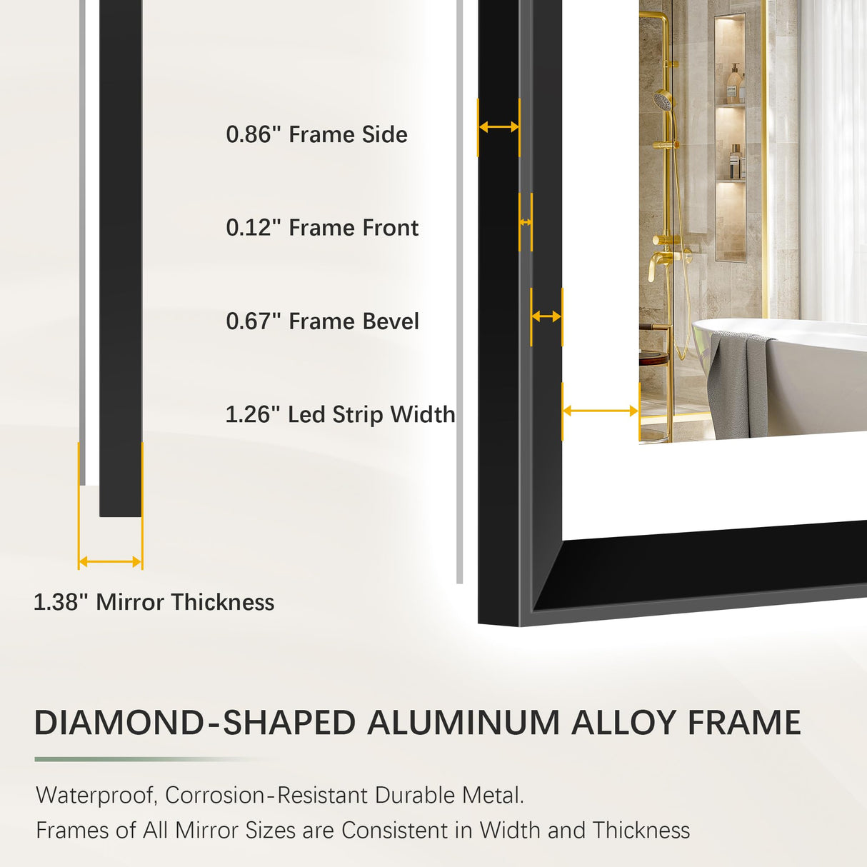 30x36 Black Framed LED Bathroom Mirror - Dimmable with Anti-Fog