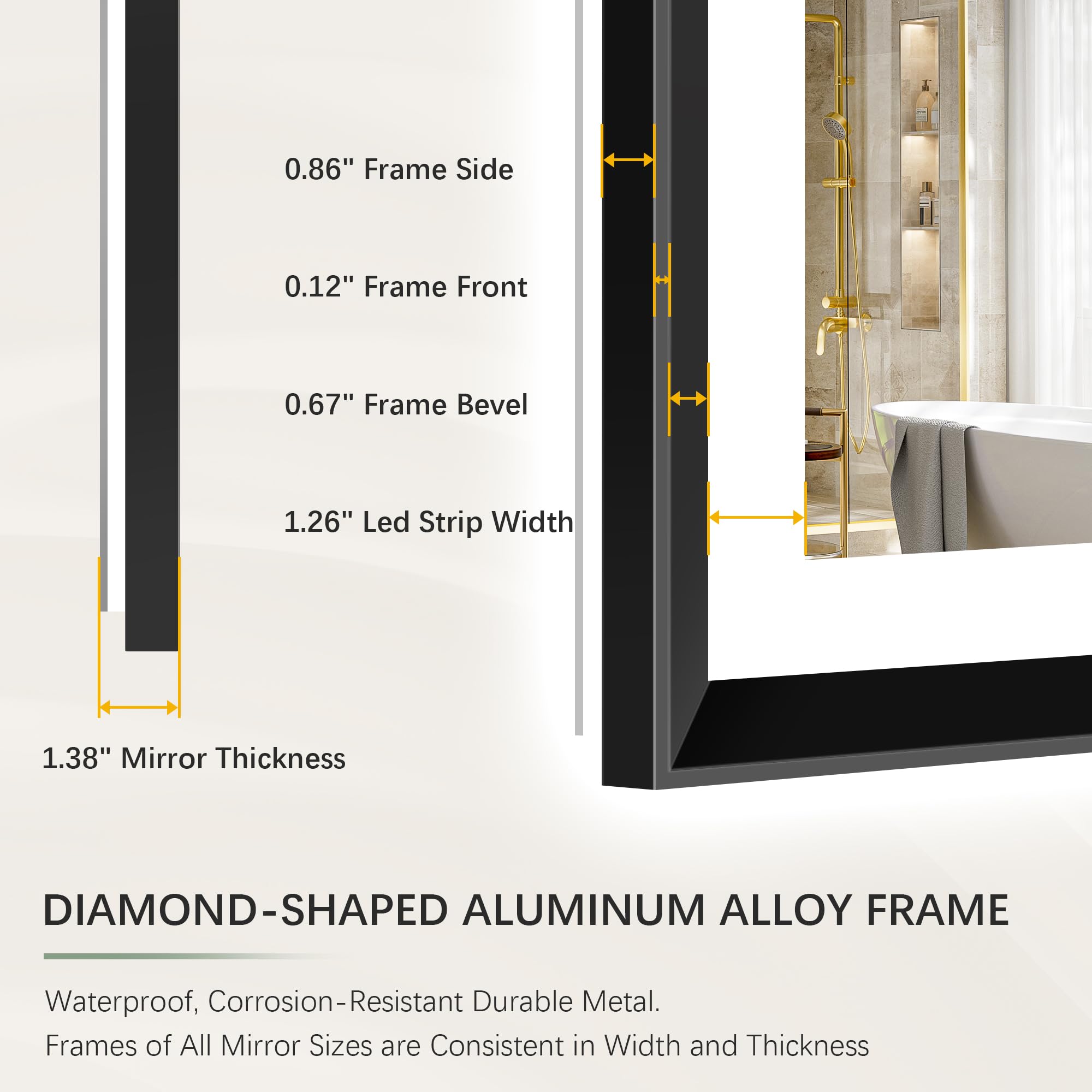 30x36 Black Framed LED Bathroom Mirror - Dimmable with Anti-Fog