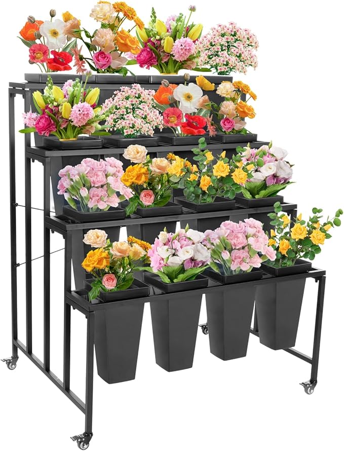 Flower Display Stand with Buckets, 4 Layers Metal Plant Stand with 16 Buckets