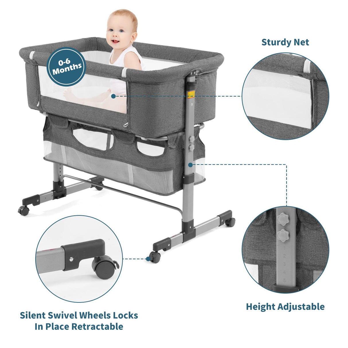 nordmiex Bedside Sleeper Bedside Crib, Baby Bassinet 3 in 1 Travel Baby Crib Baby Bed with Breathable Net,Adjustable Portable Bed for Infant/Baby(Deep Grey)