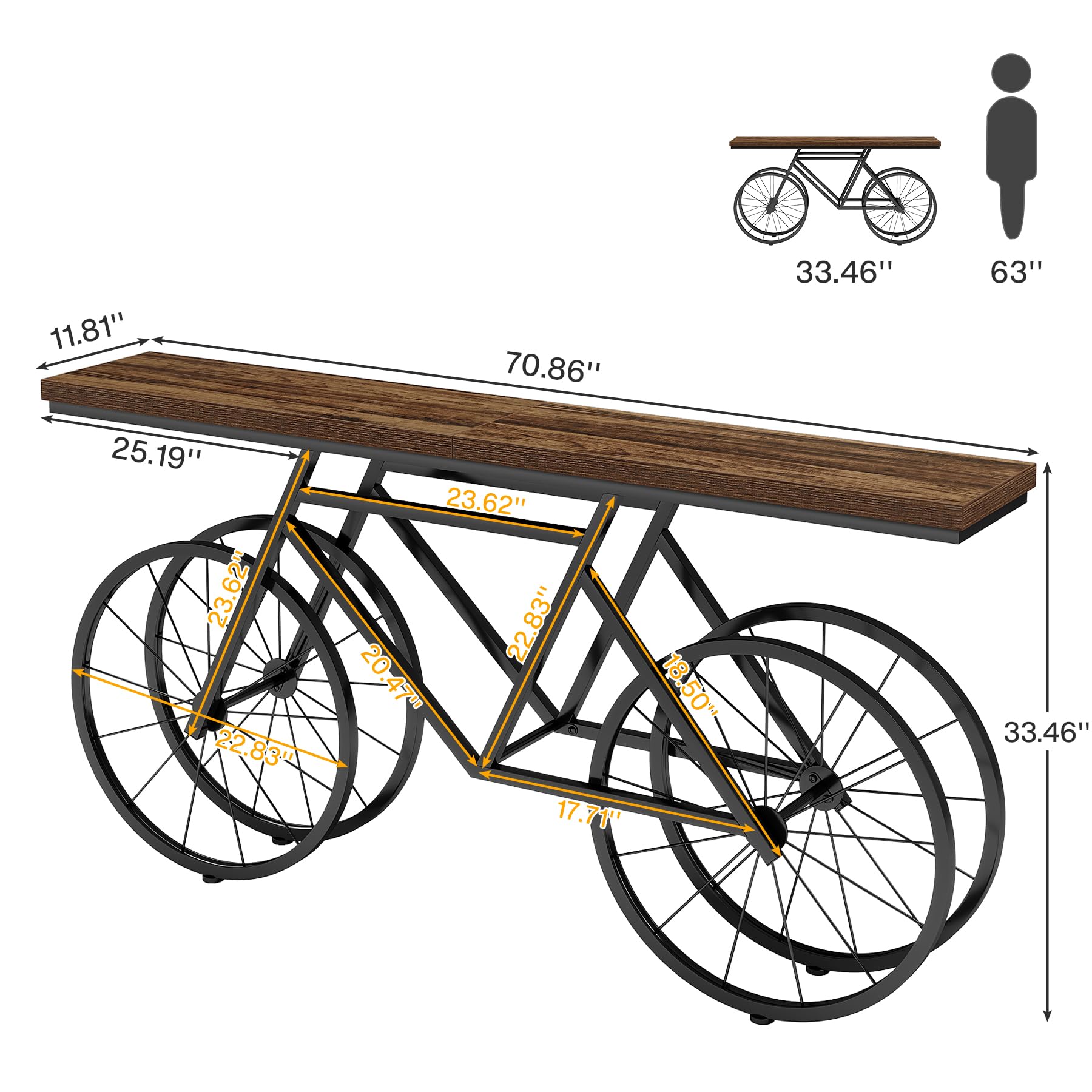 70.9-Inch Extra Long Console Table, Narrow Sofa Table with Bicycle Metal Base,
