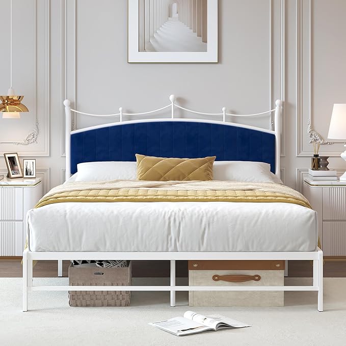 Upholstered Headboard, Soft Velvet Bed Frame Metal Platform No Box Spring Needed