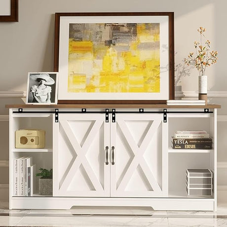 TV Stand for 65 Inch TV, Entertainment Center with Sliding Barn Door, Adjustable Storage