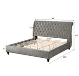 Cerderia Velvet Upholstered Button Tufted Nailhead Trim Sleigh Bed, King, Gray