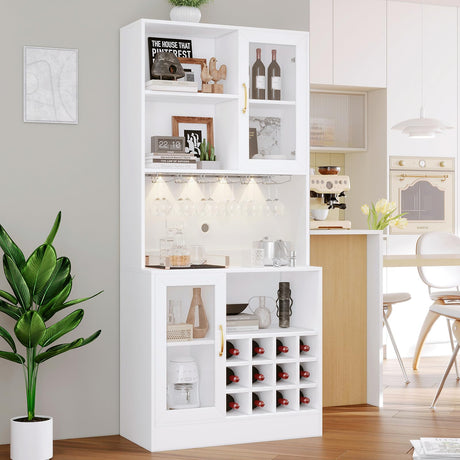 Wine Bar Cabinet with LED Light and Wine Glass Holder, Kitchen Pantry Cabinet