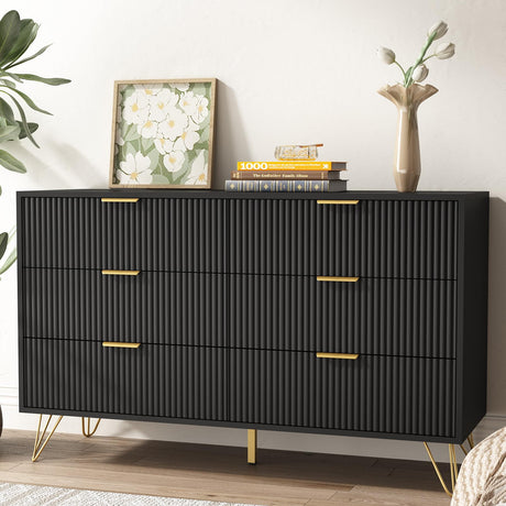 Black Dresser with 6 Drawer Dresser, Fluted Wood Dresser