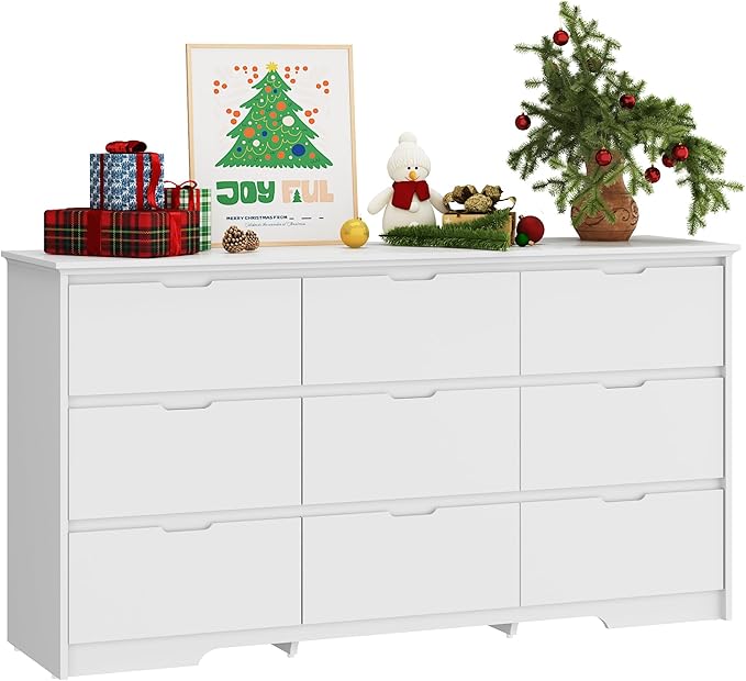 White Dresser for Bedroom, 6 Drawer Wooden Double Dresser with Gold Handles