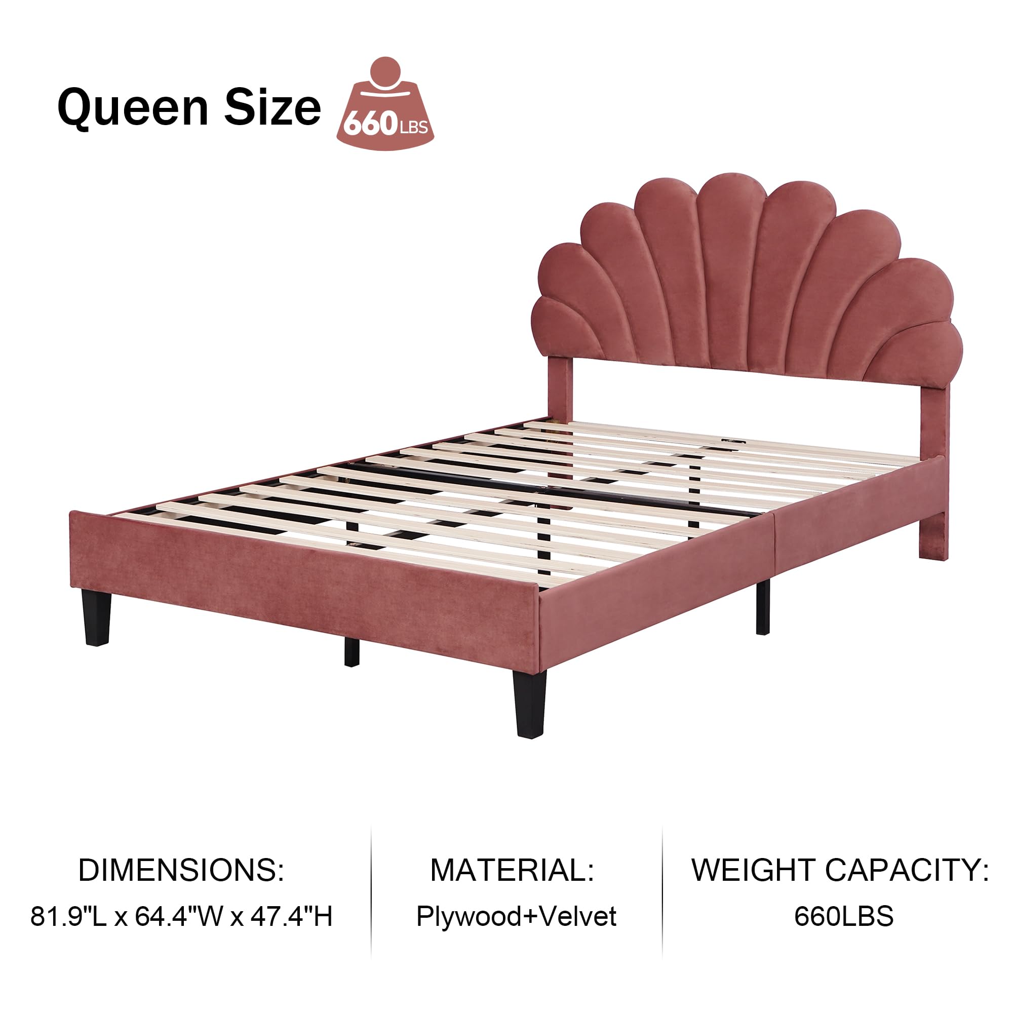 Velvet Upholstered Platform Bed with Flower Pattern Headboard - Queen
