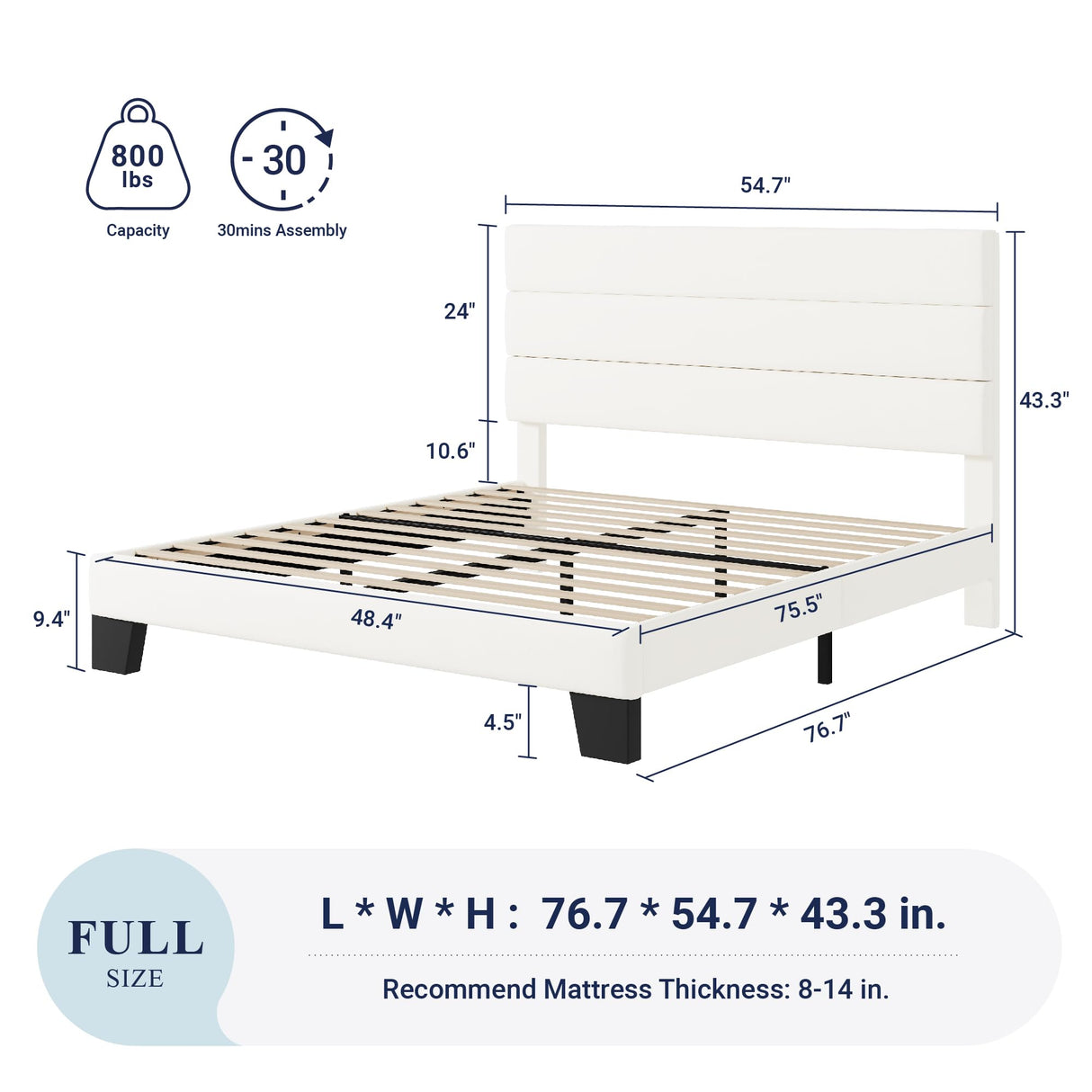 Full Size Platform Bed Frame with Velvet Upholstered Headboard and Wooden Slats