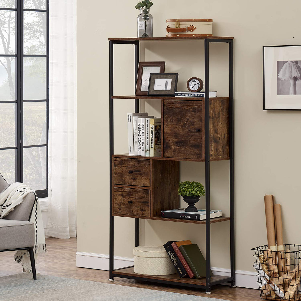 Bookshelf/Bookcase,Open Book Shelf with Middle Drawers Storage Organizer for Living