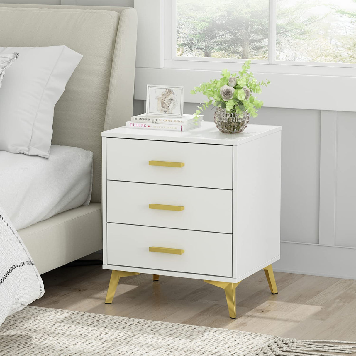 Set of 2 Nightstands with 3 Storage Drawers & Gold Metal Legs, Modern Bedside